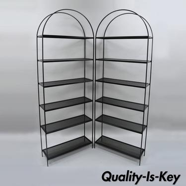 Vtg Pair Tall Arched Iron Mid Century Modern Bookcase Etagere Mesh Shelves 85"