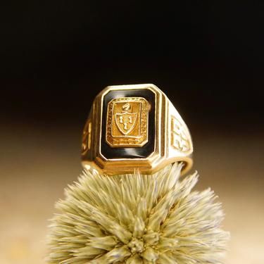 Vintage 1938 10K Yellow Gold &amp; Onyx Trenton High School Ring, Murchison Ultra Supertone, Engraved Class Ring, Size 6 3/4 US 