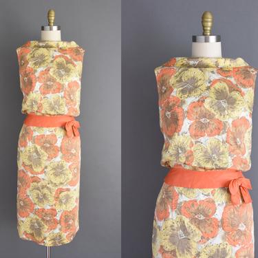 vintage 1950s dress - Miss Brooks polished cotton orange floral print sleeveless cocktail wiggle dress - Size Small - 50s dress 