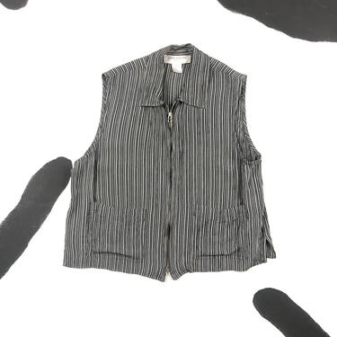 90s Black and White Vertical Stripe Rayon Vest / Patch Pockets / Minimal / Lightweight / Large / Jones NY / Grunge / Sleeveless / Zip Front 