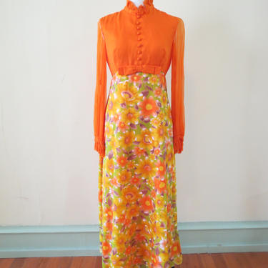 Vintage 1960's Orange Floral Maxi Dress 