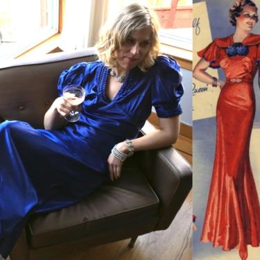 Careless Memories - Vintage 1930s Royal Blue Satin Plouf Sleeve Ripple Collar Evening Gown Dress 