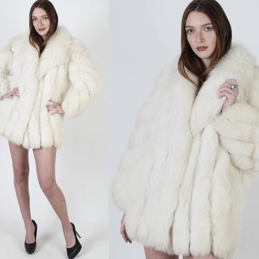 Plush White Fox Fur Jacket / Womens Arctic Apres Ski Coat / Chubby Plush Swirl Sleeves / Suede Panel Inlay 