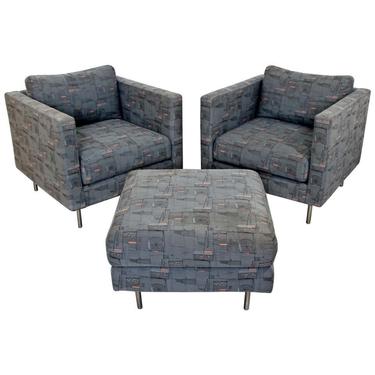 Contemporary Modern Custom Pair of Cube Club Lounge Armchairs & Ottoman 1980s 