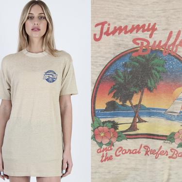 Vintage 1981 Jimmy Buffett Coral Reefer Band T Shirt 80s Wasted Away In Margaritaville Concert Tour Beach Surf THIN Parrot Head Beige Tee 