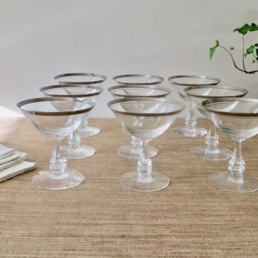 Vintage Stemware - Silver Rim Crystal Stemware - Silver Band Champagne Coupes - Sherbet -Crystal Silver Rim Goblets-Fine Glassware- Set of 9 