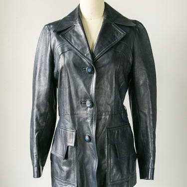 1970s Leather Jacket Blue Coat S 