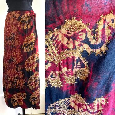 Vintage 90’s Cotton TIE DYED WRAP Skirt / Gold Embroidered Elephant Border / Free Size / Lpogee Made in IndiaY 
