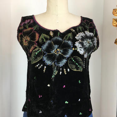1950s velvet top, vintage 50s top, hand painted top, 50s Mexican blouse, sequin blouse, black sleeveless top, size medium, 36 38 bust 