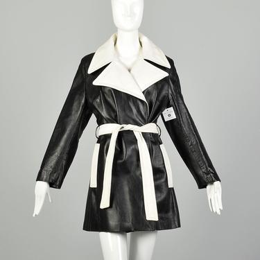 Medium 1970s Black Leather Trench Coat White Huge Lapel Mod Color Black Two Tone Jacket 
