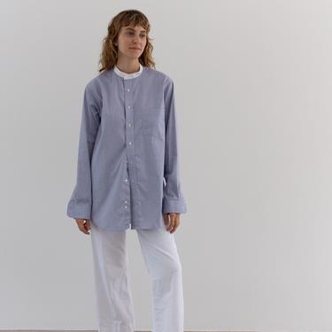 Vintage White Blue Collarless Shirt | Made in USA | 100% Cotton Work Tunic | M L | 