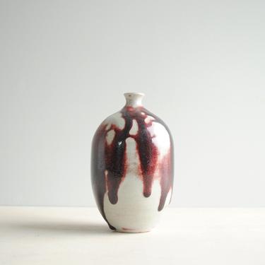 Vintage Handmade Studio Pottery Vase with Purple Drip Glaze 