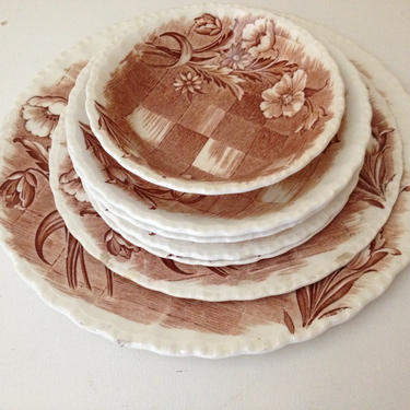 Vintage 7 PC Additional Serving  &amp;quot;Brown Trellis&amp;quot; pattern by W.H. Grindley &amp; Co.- Replacement China 
