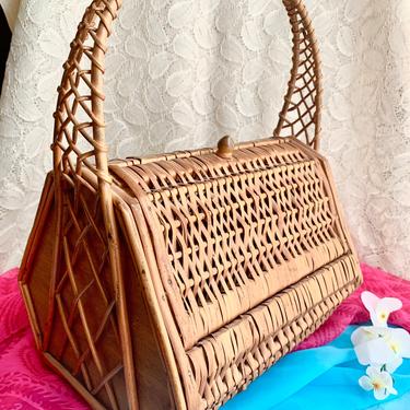 Kitschy Rattan Basket Handbag Purse, Vegan Beauty, Vintage 50s 60s 