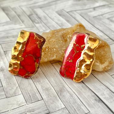 Abstract Artisan Earrings, Gold Metallic, Vibrant Red, Ceramic, Pottery, Statement, OOAK Vintage 