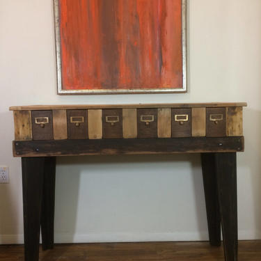 Recycled repurposed library card barnwood entryway console. 