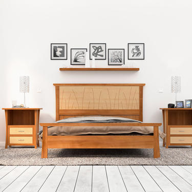Modern Queen Bed Frame, Headboard, King, Full, Scandinavian, Twin, California King, Cherry, Maple, Inlay &quot;Prairie Bed&quot; 