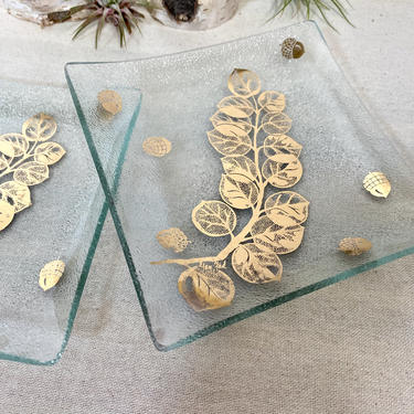 Pair of Mid Century Gay Fad Bent Glass Trays, Gold Acorn & Leaf Design 