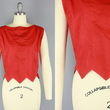 1950s ZIGZAG HEM Red Top | Vintage 50s Sleeveless Cotton Button Back Blouse | medium 