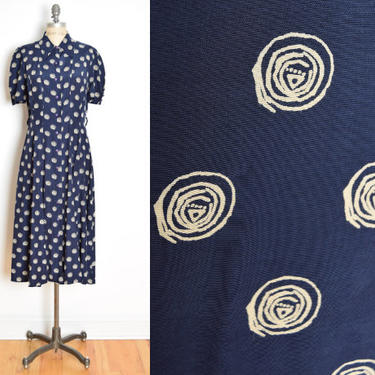 vintage 90s dress navy blue swirl print pointy collar long modest maxi dress M clothing 