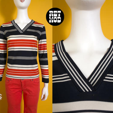Retro Vintage 60s 70s Navy Blue White Orange-Red Stripe V Neck Long Sleeve Knit Top 