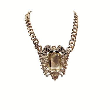 Citrine Glass “Zebra” Chunky Chain Necklace - Large Citrine Pendant Statement Jewelry 