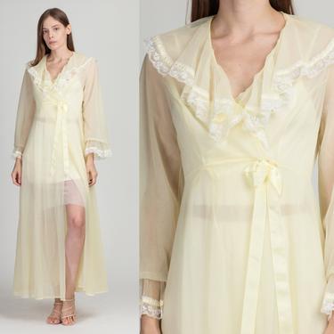 Vintage Yellow Lace Trim Peignoir Robe - Small | 60s 70s Shadowline Sheer Maxi Negligee Dressing Gown 