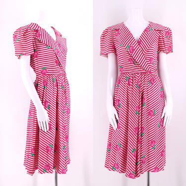 80s ALBERT NIPON silk striped floral print summer dress size 8 / 1980s vintage flirty puff sleeve pink dress 