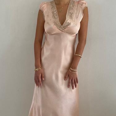 40s lounge dress / vintage blush bias cut slip dress nightgown with ivory embroidery + lace empire bodice cap sleeve maxi dress | S M 