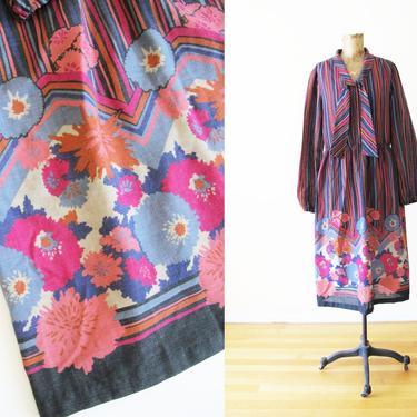 Vintage 70s Floral Dress M - Striped Vintage Dress - Bohemian Pink Orange Sundress - Tie Neck Dress - 70s Boho Hippie Dress 