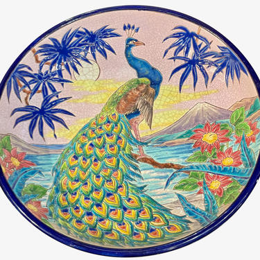 Longwy Peacock Ceramic Cloisonne Charger Artist Signed French Art Deco