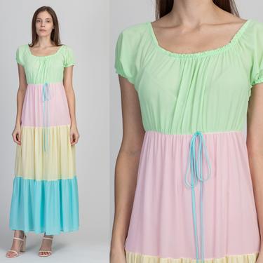 60s 70s Pastel Color Block Tiered Nightgown - Small | Vintage Maxi Nightie Striped Slip Dress 