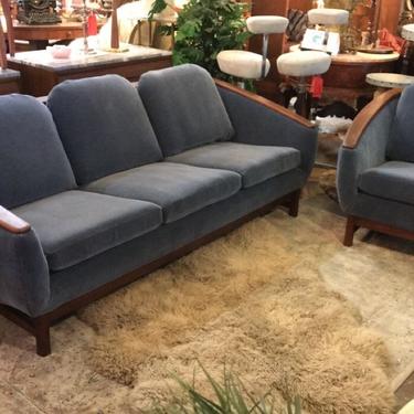 Mid Century Curved Design Softened with Gorgeous Blue Mohair Custom Upholstery 3 Seat Sofa and Side Chair Set by R. Huber