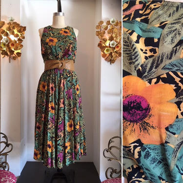 1980s rayon sundress, vintage summer dress, floral print dress, dress with pockets, sleeveless 80s dress, 1980s dress 