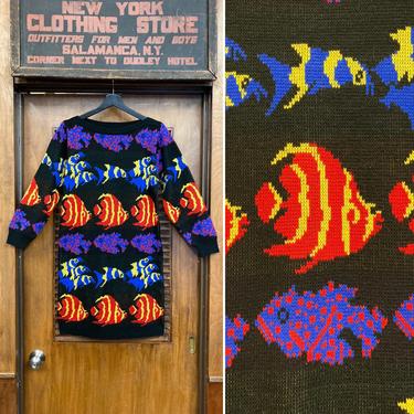 Vintage 1980s Betsey Johnson Style  Fish Pattern New Wave Sweater Dress, 1980s Dress, Vintage Sweater Dress, Vintage Knit Dress, New Wave 