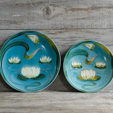 Antique Majolica Turquoise Green Charger Plates Lotus Design German Pottery Platter Charger Made in Germany 1880s 