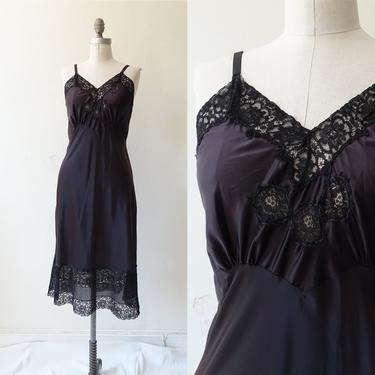 Vintage 40s 50s Bias Cut Satin Slip Dress/ 1940s 1950s Black Slinky Lace Bias Cut Sleeveless Dress/ Size Small Medium 