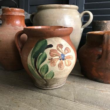 19th C Floral Pottery Jug, Pitcher, Terra Cotta, Glazed Pottery, Rustic European Farmhouse, Farm Table, Old Damages 