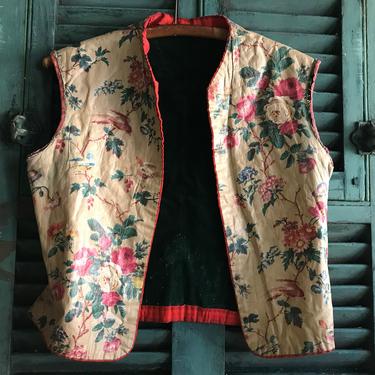 19th C Floral Waistcoat, Rare, French, Cotton, Linen, Velvet Interior, Traditional Peasant Wear, Costume 