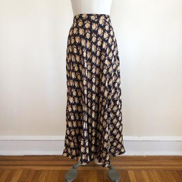Navy and Yellow/Gold Floral Print Maxi Skirt - 1990s 