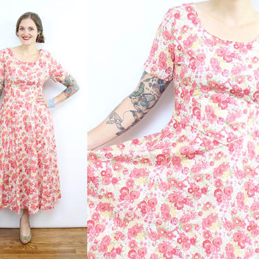 Vintage 90's Laura Ashley Rose Dress / 1990's Rose Print Dress / Pink and Red Floral / Cotton / Women's Size Medium Large 