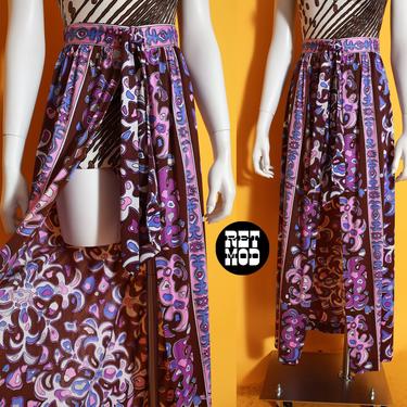 FABULOUS Vintage 60s 70s Purple Pink Brown Border Print Cover-Up Skirt 