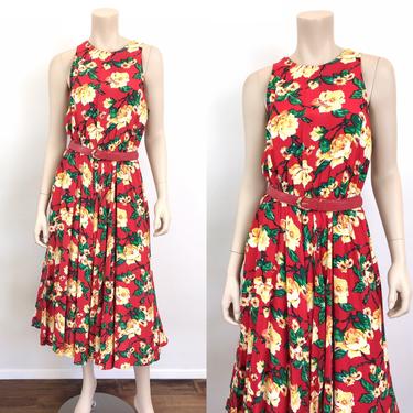 Vintage Red Floral Print Rayon Dress 