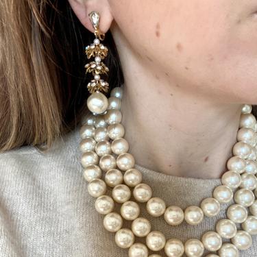 Beautiful Vintage  Crystal, Gold Faux Pearl Dangle Earrings