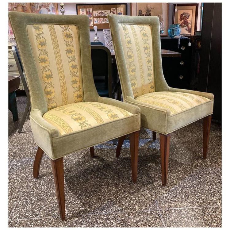 Pair of fabulous green velvet chairs 40.5” height-back / 22” wide / 18” height - seat 
