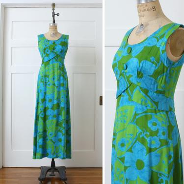 vintage late 1960s - 1970s Hawaiian dress • bright turquoise blue &amp; green sleeveless maxi dress 