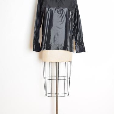 vintage 70s wind shirt Obermeyer windbreaker black wet look ski blouse top L XL nylon clothing shiny 