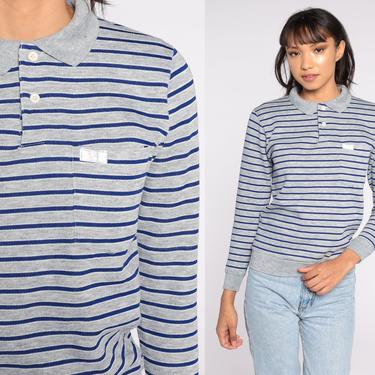 Grey Striped Shirt Polo Shirt 80s Shirt Long Sleeve Shirt Half Button Up 1980s Retro Vintage Blue Extra Small xs 