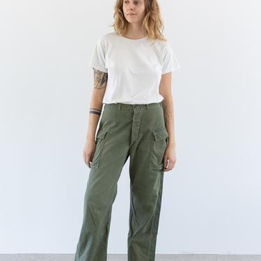Vintage 31 32 Waist Olive Green Cargo Army Pants | Unisex Herringbone Twill Utility Fatigues Military Trouser | Button Fly | 