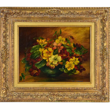 Antique Still Life Oil Painting Vase of Flowers Red Yellow Pansies signed Lange 
